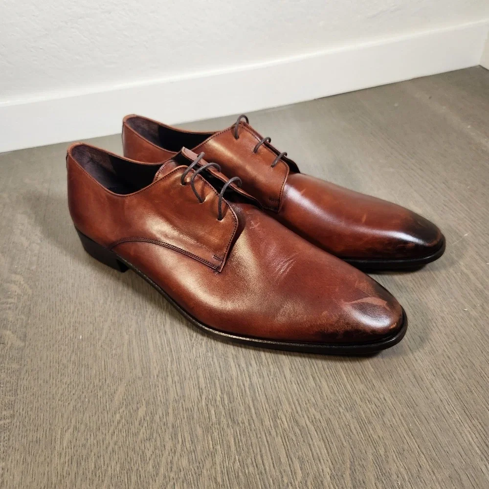 Vellapais Men's Brown Burnished Leather Derby Dress Shoes Size 14 EU 49 48549